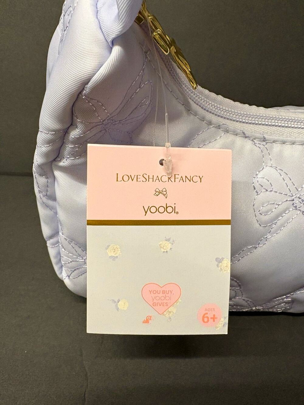 yoobi x LoveShackFancy Small Light Blue Quilted Bow Shoulder Bag Zip Gold